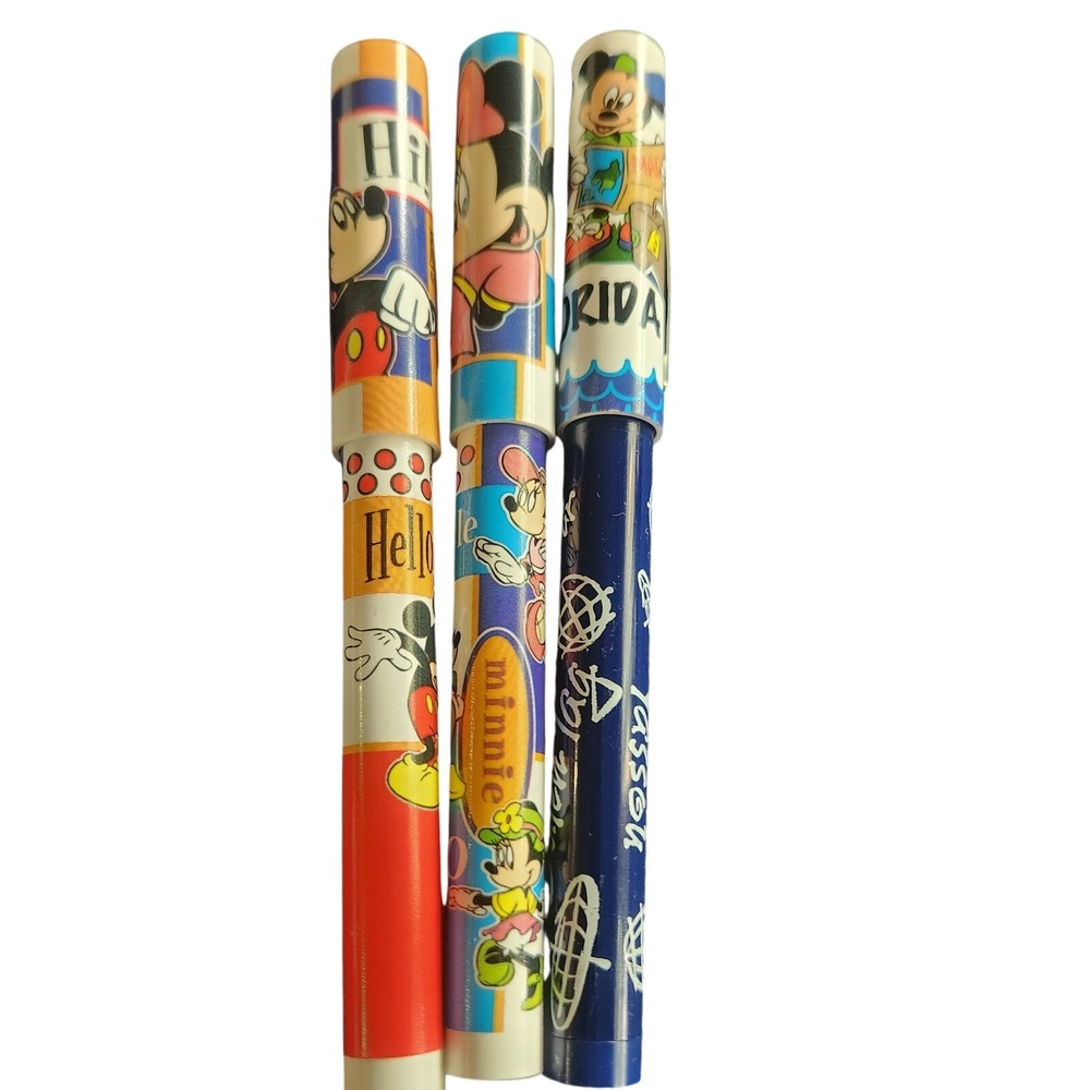 Vintage Disney Pen Set of 3 Mickey Minne National Design Corp Black Ink Lids